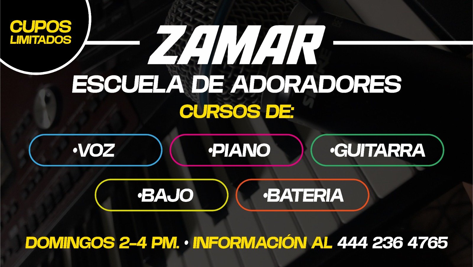 Escuela de adoradores Zamar: cursos de voz, piano, guitarra, bajo y bateria